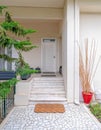 A welcoming house entrance stairs with a small terrace and white door.