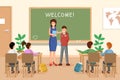 Welcoming new schoolboy vector illustration. Female teacher presents newbie to groupmates cartoon characters Royalty Free Stock Photo