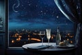 Starry sky through window in the room, Midnight on New Year\'s Eve, heartfelt moment