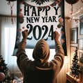 Welcoming 2024: Person Joyfully Hangs New Year Sign