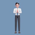 welcoming pose businessman wearing long shirt and blue tie