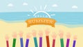 Welcoming summertime flat vector banner. Raised hands with greeting warm season gesture. Hello summer inscription on