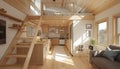 Cozy Tiny Home Interior with Loft Wooden Accents and Natural Light Royalty Free Stock Photo