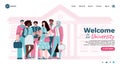 Welcoming university site page with students group cartoon vector illustration.