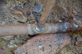 Welded seams on an iron pipe.