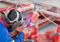 Welder is argon welding the metal tube Royalty Free Stock Photo