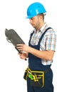 Welder checking his welding mask Royalty Free Stock Photo