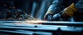 The welder creates sparks while working on metal pipes in the workshop. AI generated image Royalty Free Stock Photo