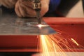 Welder is cutting steel plate wirh gas cutting Royalty Free Stock Photo