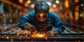 Welder erecting technical steel. Industrial steel welder in factory technical Royalty Free Stock Photo