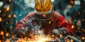 Welder erecting technical steel. Industrial steel welder in factory technical Royalty Free Stock Photo