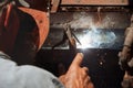 Welder, erecting technical steel. Industrial steel welder. Craf