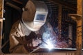 welder with a fullface mask attaching metal plates Royalty Free Stock Photo