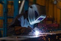 welder with a fullface mask attaching metal plates Royalty Free Stock Photo