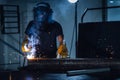 Welder Man is Welding Pipeline Fabrication Assembly in Workshop. Technician Welding in Safety Protective Equipment is Working Royalty Free Stock Photo