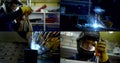 Welder and master are working at workshop of industrial plant, collaged shot