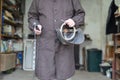 Welder in a mechanical workshop. An employee while working at th