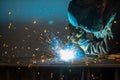 Welding of metal structures by semi-automatic arc welding. MIG welding. Royalty Free Stock Photo