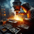 A welder in protective gear is diligently working with a welding machine in a factory, with sparks flying from the Royalty Free Stock Photo
