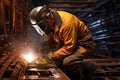 welder in protective gear working on a ships hull