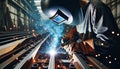 A welder in a protective mask and gloves welds metal parts. Sparks and smoke from a welding machine create a dramatic Royalty Free Stock Photo