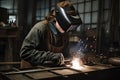 Welder in protective mask welds metal with arc welding machine. A worker wearing a welding helmet welding a metal piece, shielded Royalty Free Stock Photo