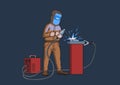 Welder in a protective mask at work. Cartoon vector illustration isolated on dark background.