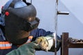 Welder qualification. The welder is welding with shielded metal arc welding process to steel plate in vertical position for welder