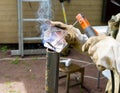 Welder, repairing the gardening equipment