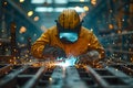 Welder in safety suit welding steel in a large factory Royalty Free Stock Photo