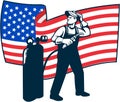 Welder Standing Visor Up USA Flag Wavy Retro