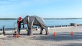 Welder on the street makes an elephant of iron, urban concept