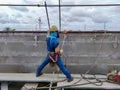 Welder are using heating torch to pre heat of steel structure before welding Royalty Free Stock Photo