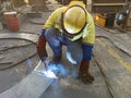 Welder is welding add joint steel plate for built-up ring with process Flux Cored Arc Welding& x28;FCAW& x29; Royalty Free Stock Photo