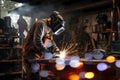 welder with welding mask working in small workshop