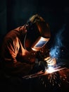 Welder welding metal, dark background with copper colored splashes and metal springs, generative ai