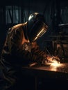 Welder welding metal, high detail, cinematic lighting, widescreen, dark background with copper colored splashes and metal springs
