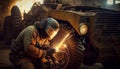 welder is welding metal part in car factory, Repair of broken military equipment