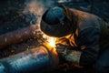 A welder welding a pipe Royalty Free Stock Photo