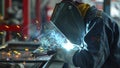 welder is welding in the workstation, welder at the workstation, welder doing hard work in garage Royalty Free Stock Photo