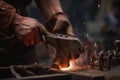 The welder welds a metal product with a hammer and a chain, Male blacksmith close up working with metal, Ai Generated, Ai