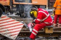 Welder welds rails in centre of Prague