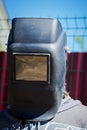 Welder or wizard in welding mask. Craftsman. Male in welding face mask.