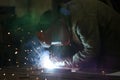 Welder at work. Man in a protective mask. The welder makes seams on the metal Royalty Free Stock Photo