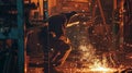 Welder at work, sparks flying in workshop