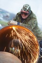 Welder worker with flame torch cutter Royalty Free Stock Photo