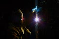 Welder worker welding metal by electrode Royalty Free Stock Photo