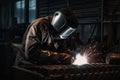 Welder working in the factory. Worker wearing protective clothing and welding mask. An Industrial welder wearing full protection Royalty Free Stock Photo