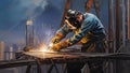 The welder works on the construction of a skyscraper. Impressionism style oil painting.