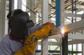 Welders were welding steel structural by arc welding. Royalty Free Stock Photo